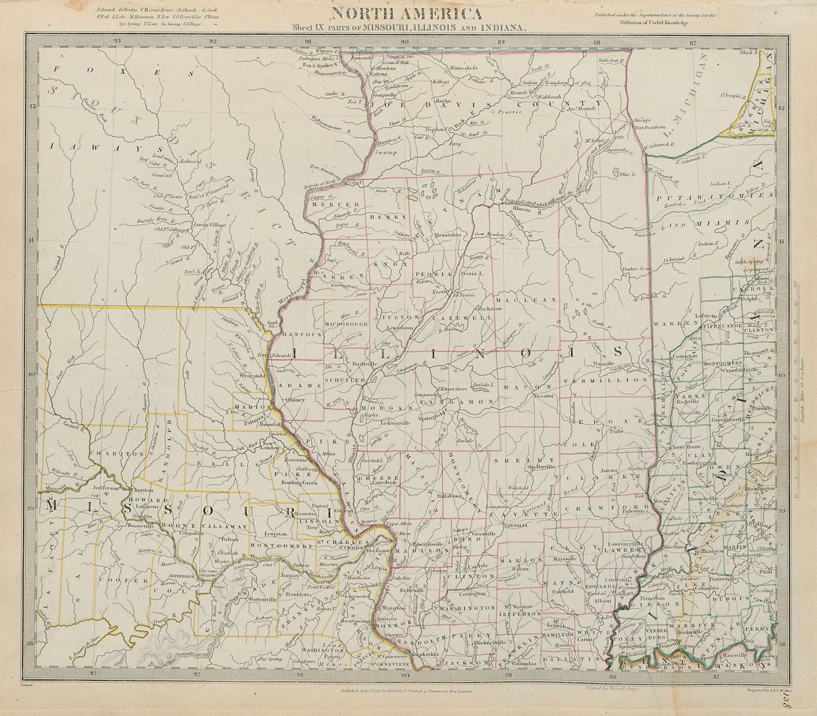 USA Missouri Illinois Indiana. Indian villages tribes borders SDUK 1844 map